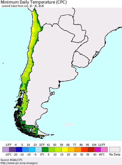 Chile Extreme Minimum Temperature (CPC) Thematic Map For 1/20/2020 - 1/26/2020