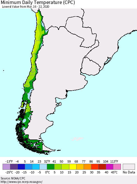 Chile Extreme Minimum Temperature (CPC) Thematic Map For 3/16/2020 - 3/22/2020