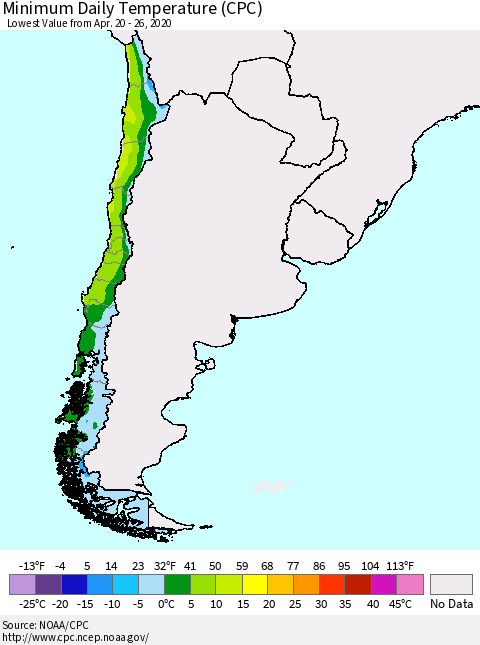 Chile Extreme Minimum Temperature (CPC) Thematic Map For 4/20/2020 - 4/26/2020