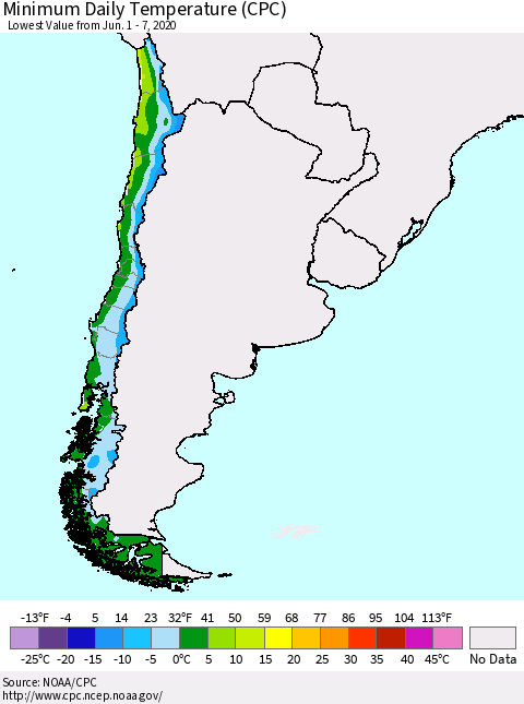 Chile Extreme Minimum Temperature (CPC) Thematic Map For 6/1/2020 - 6/7/2020