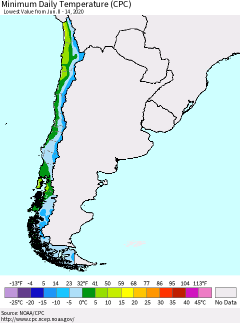 Chile Extreme Minimum Temperature (CPC) Thematic Map For 6/8/2020 - 6/14/2020