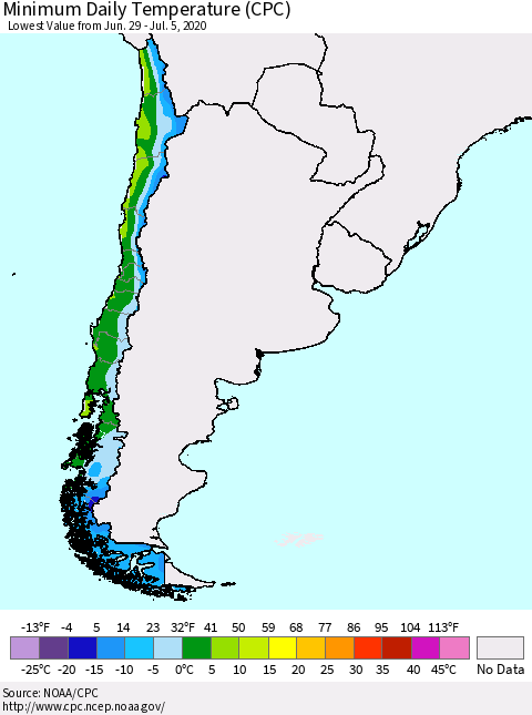 Chile Extreme Minimum Temperature (CPC) Thematic Map For 6/29/2020 - 7/5/2020