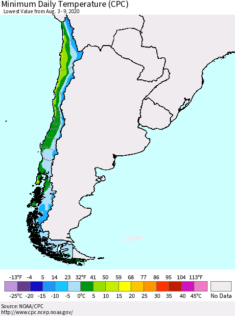 Chile Extreme Minimum Temperature (CPC) Thematic Map For 8/3/2020 - 8/9/2020