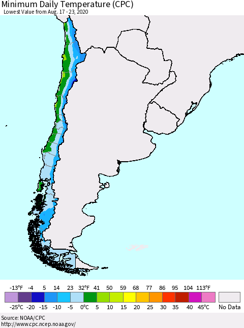 Chile Extreme Minimum Temperature (CPC) Thematic Map For 8/17/2020 - 8/23/2020