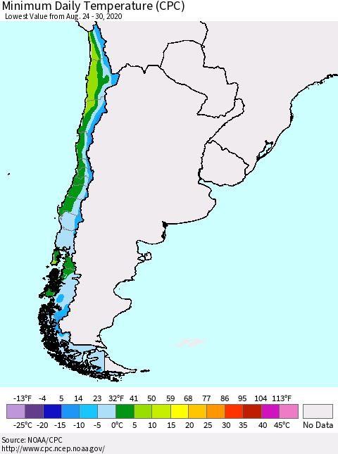 Chile Extreme Minimum Temperature (CPC) Thematic Map For 8/24/2020 - 8/30/2020