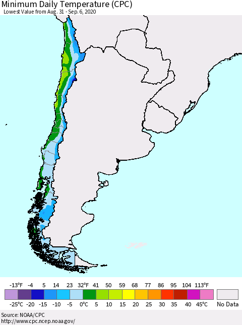 Chile Extreme Minimum Temperature (CPC) Thematic Map For 8/31/2020 - 9/6/2020