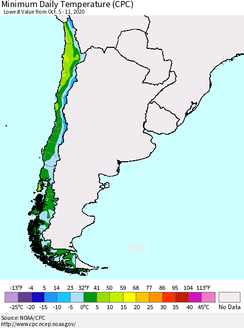 Chile Extreme Minimum Temperature (CPC) Thematic Map For 10/5/2020 - 10/11/2020