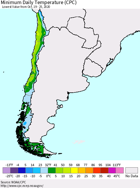 Chile Extreme Minimum Temperature (CPC) Thematic Map For 10/19/2020 - 10/25/2020