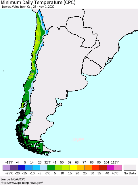 Chile Extreme Minimum Temperature (CPC) Thematic Map For 10/26/2020 - 11/1/2020
