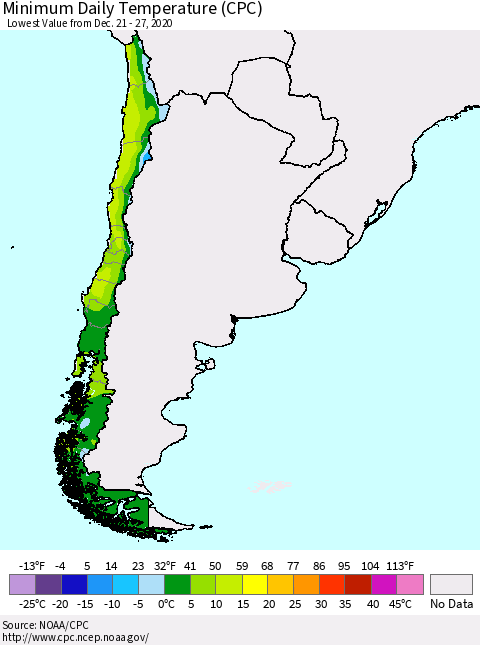Chile Extreme Minimum Temperature (CPC) Thematic Map For 12/21/2020 - 12/27/2020