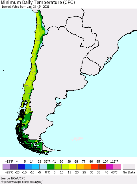 Chile Extreme Minimum Temperature (CPC) Thematic Map For 1/18/2021 - 1/24/2021