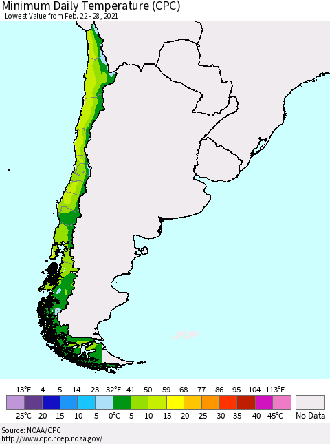 Chile Extreme Minimum Temperature (CPC) Thematic Map For 2/22/2021 - 2/28/2021