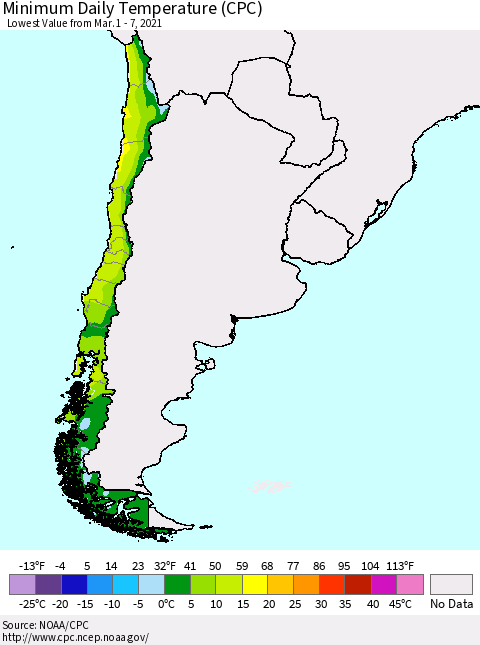 Chile Extreme Minimum Temperature (CPC) Thematic Map For 3/1/2021 - 3/7/2021