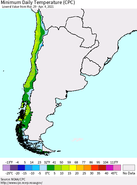 Chile Extreme Minimum Temperature (CPC) Thematic Map For 3/29/2021 - 4/4/2021