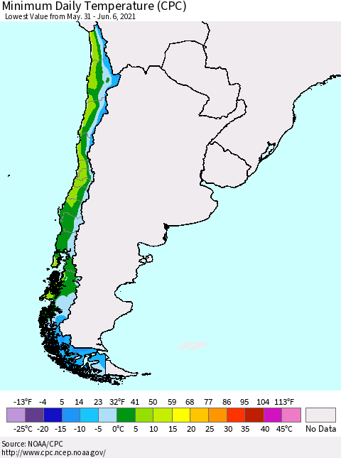 Chile Extreme Minimum Temperature (CPC) Thematic Map For 5/31/2021 - 6/6/2021