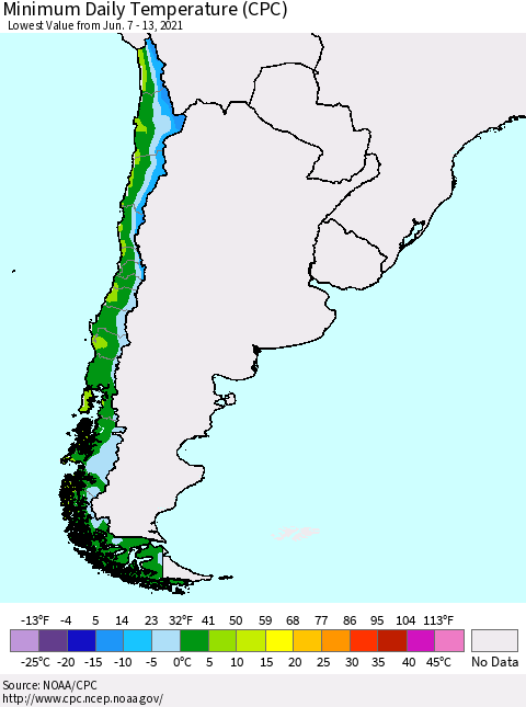 Chile Extreme Minimum Temperature (CPC) Thematic Map For 6/7/2021 - 6/13/2021