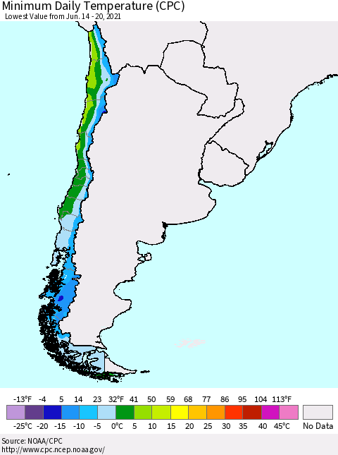 Chile Extreme Minimum Temperature (CPC) Thematic Map For 6/14/2021 - 6/20/2021