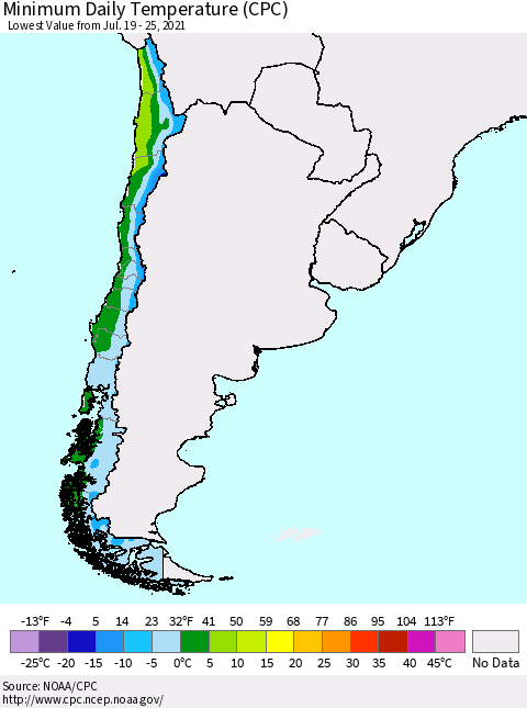 Chile Extreme Minimum Temperature (CPC) Thematic Map For 7/19/2021 - 7/25/2021