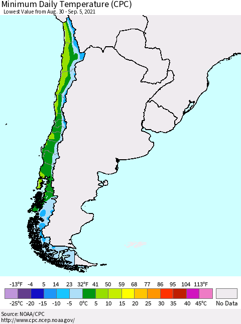 Chile Extreme Minimum Temperature (CPC) Thematic Map For 8/30/2021 - 9/5/2021