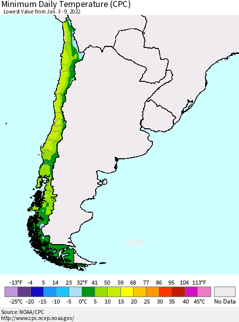 Chile Extreme Minimum Temperature (CPC) Thematic Map For 1/3/2022 - 1/9/2022
