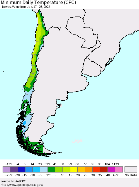Chile Extreme Minimum Temperature (CPC) Thematic Map For 1/17/2022 - 1/23/2022