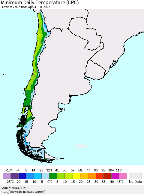 Chile Extreme Minimum Temperature (CPC) Thematic Map For 4/4/2022 - 4/10/2022