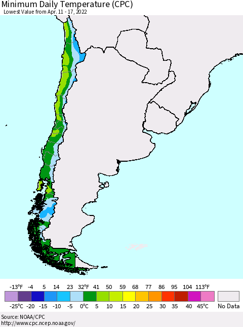 Chile Extreme Minimum Temperature (CPC) Thematic Map For 4/11/2022 - 4/17/2022