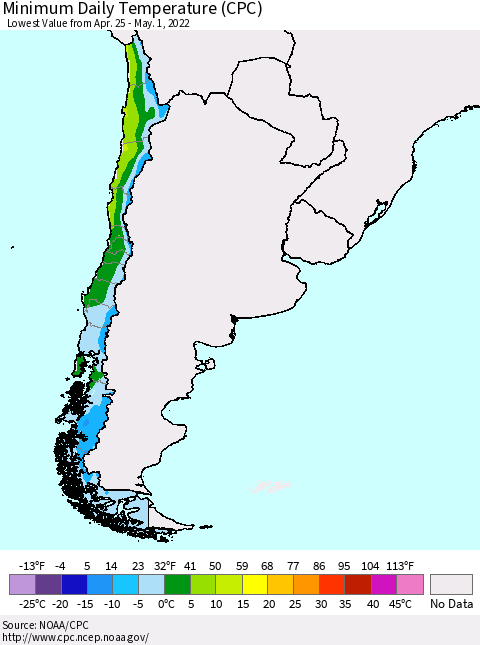 Chile Extreme Minimum Temperature (CPC) Thematic Map For 4/25/2022 - 5/1/2022