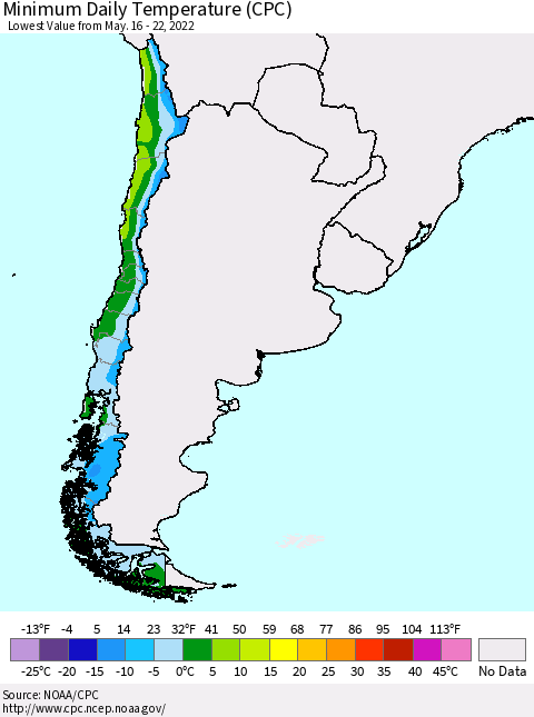 Chile Extreme Minimum Temperature (CPC) Thematic Map For 5/16/2022 - 5/22/2022