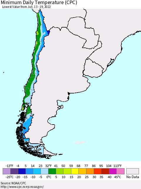 Chile Minimum Daily Temperature (CPC) Thematic Map For 6/13/2022 - 6/19/2022