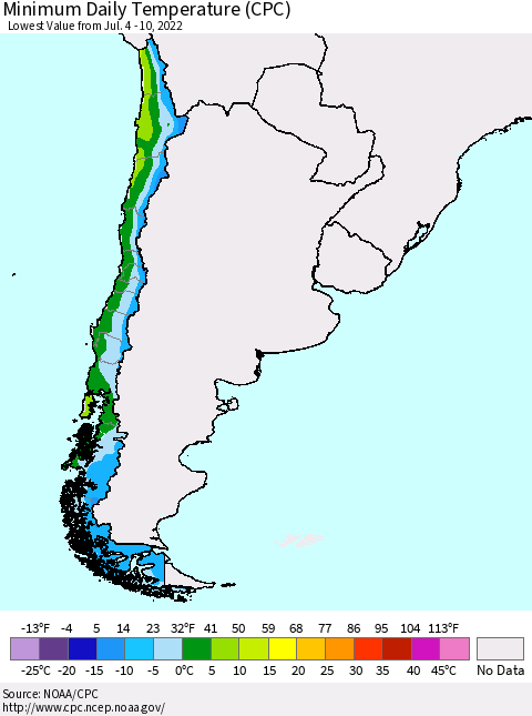 Chile Minimum Daily Temperature (CPC) Thematic Map For 7/4/2022 - 7/10/2022