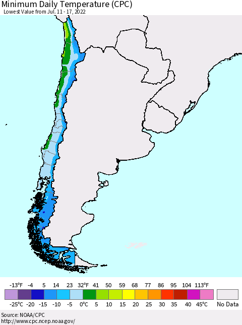 Chile Extreme Minimum Temperature (CPC) Thematic Map For 7/11/2022 - 7/17/2022