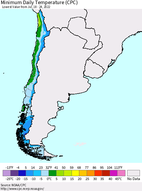 Chile Extreme Minimum Temperature (CPC) Thematic Map For 7/18/2022 - 7/24/2022