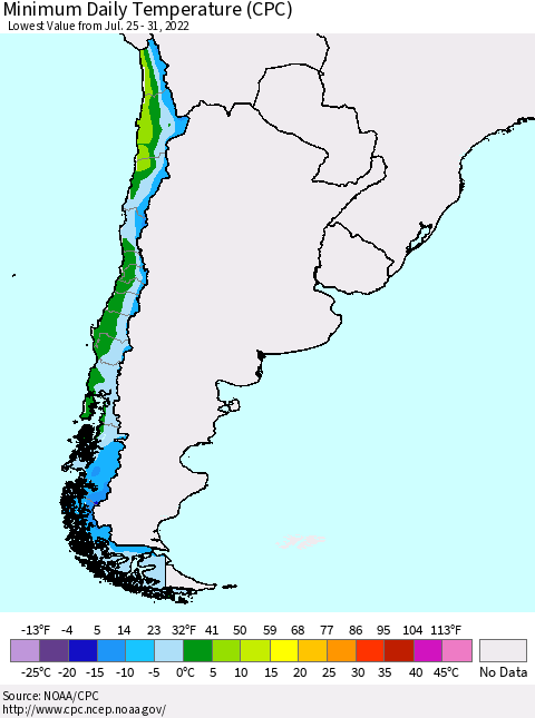 Chile Extreme Minimum Temperature (CPC) Thematic Map For 7/25/2022 - 7/31/2022