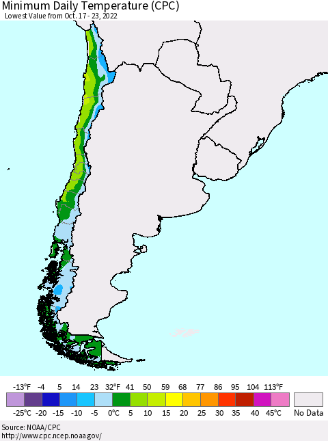 Chile Minimum Daily Temperature (CPC) Thematic Map For 10/17/2022 - 10/23/2022