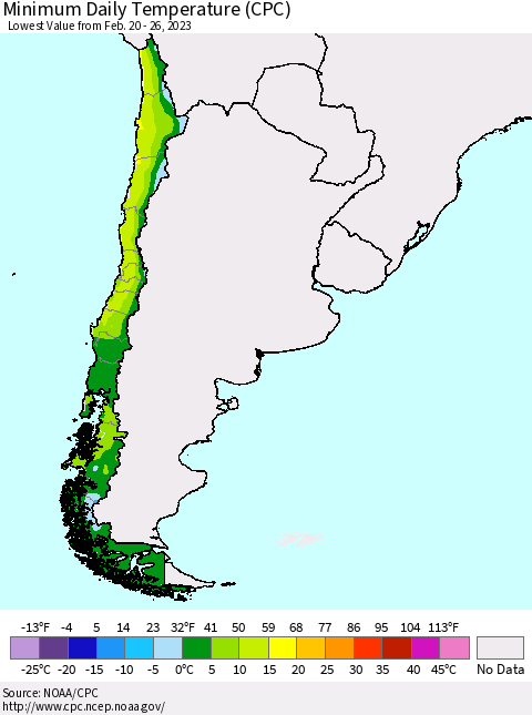 Chile Minimum Daily Temperature (CPC) Thematic Map For 2/20/2023 - 2/26/2023