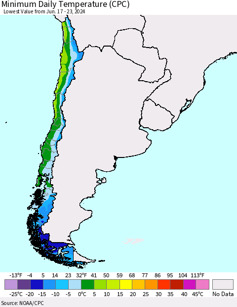 Chile Minimum Daily Temperature (CPC) Thematic Map For 6/17/2024 - 6/23/2024