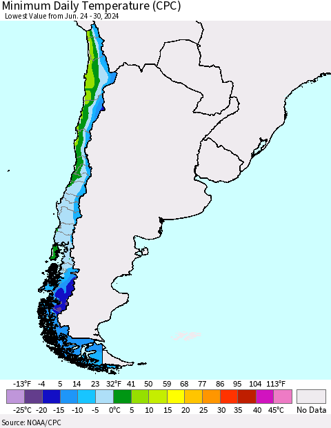 Chile Minimum Daily Temperature (CPC) Thematic Map For 6/24/2024 - 6/30/2024