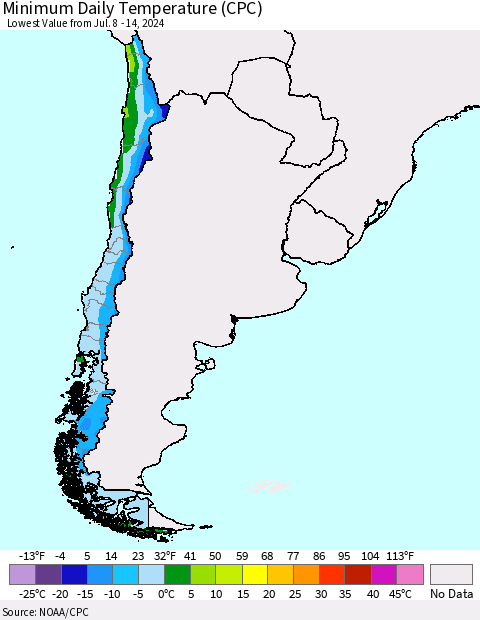 Chile Minimum Daily Temperature (CPC) Thematic Map For 7/8/2024 - 7/14/2024