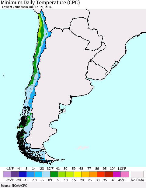 Chile Minimum Daily Temperature (CPC) Thematic Map For 7/22/2024 - 7/28/2024