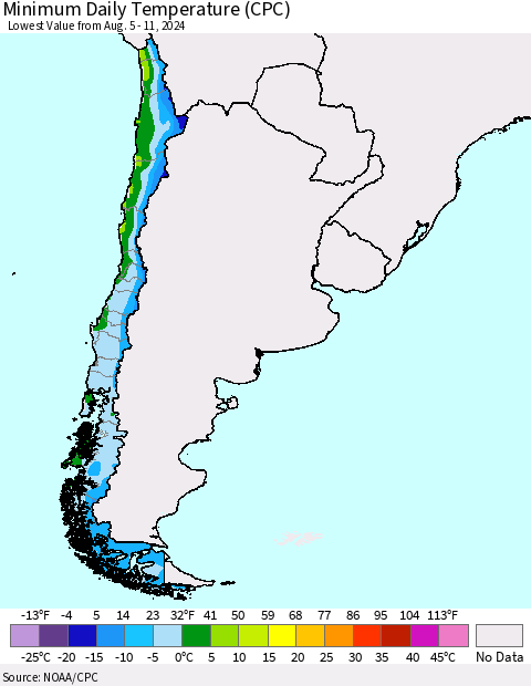 Chile Minimum Daily Temperature (CPC) Thematic Map For 8/5/2024 - 8/11/2024