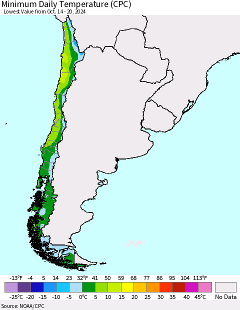 Chile Minimum Daily Temperature (CPC) Thematic Map For 10/14/2024 - 10/20/2024