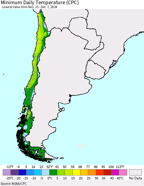 Chile Minimum Daily Temperature (CPC) Thematic Map For 11/25/2024 - 12/1/2024