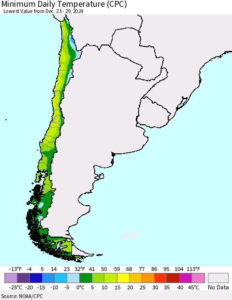 Chile Minimum Daily Temperature (CPC) Thematic Map For 12/23/2024 - 12/29/2024