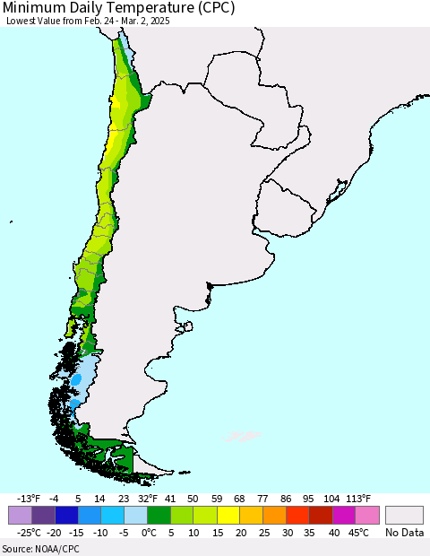 Chile Minimum Daily Temperature (CPC) Thematic Map For 2/24/2025 - 3/2/2025