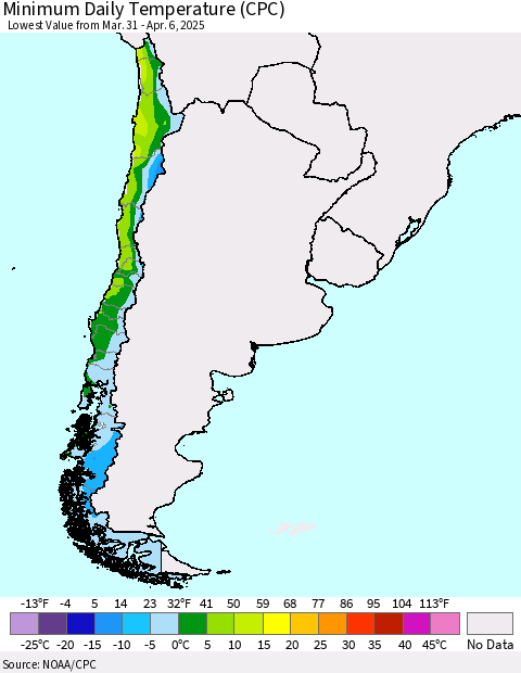 Chile Minimum Daily Temperature (CPC) Thematic Map For 3/31/2025 - 4/6/2025