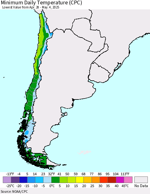 Chile Minimum Daily Temperature (CPC) Thematic Map For 4/28/2025 - 5/4/2025