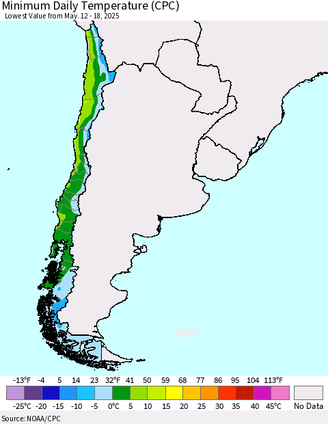 Chile Minimum Daily Temperature (CPC) Thematic Map For 5/12/2025 - 5/18/2025