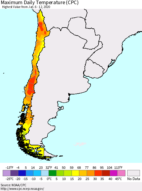 Chile Extreme Maximum Temperature (CPC) Thematic Map For 1/6/2020 - 1/12/2020
