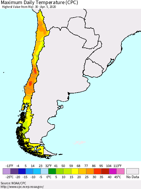 Chile Extreme Maximum Temperature (CPC) Thematic Map For 3/30/2020 - 4/5/2020